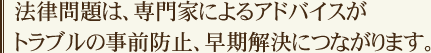 法律問題は、専門家によるアドバイスがトラブルの事前防止、早期解決につながります。
