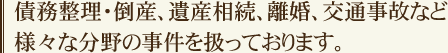 債務整理・倒産、遺産相続、離婚、交通事故など様々な分野の事件を扱っております。